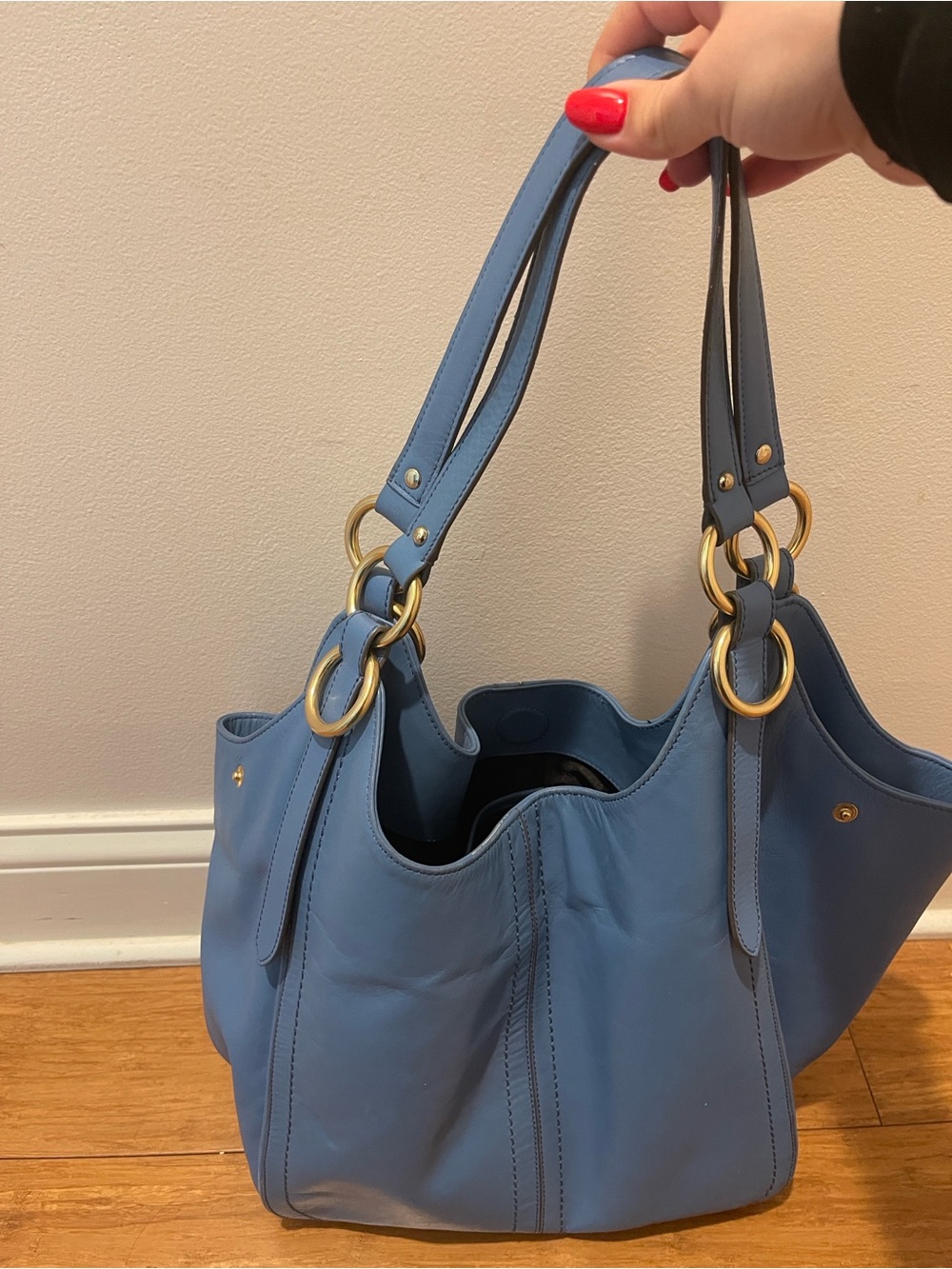 Cole Haan Sky Blue Genuine Leather Tote with Gold Ring Accents